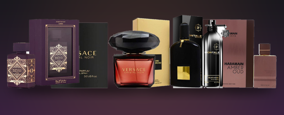 Badee Al Oud Amethyst, Versace Crystal Noir, Tom Ford Black Orchid, Montale Black Aoud and Amber Oud Tobacco Halloween fragrance bottles at PerfumeBox
