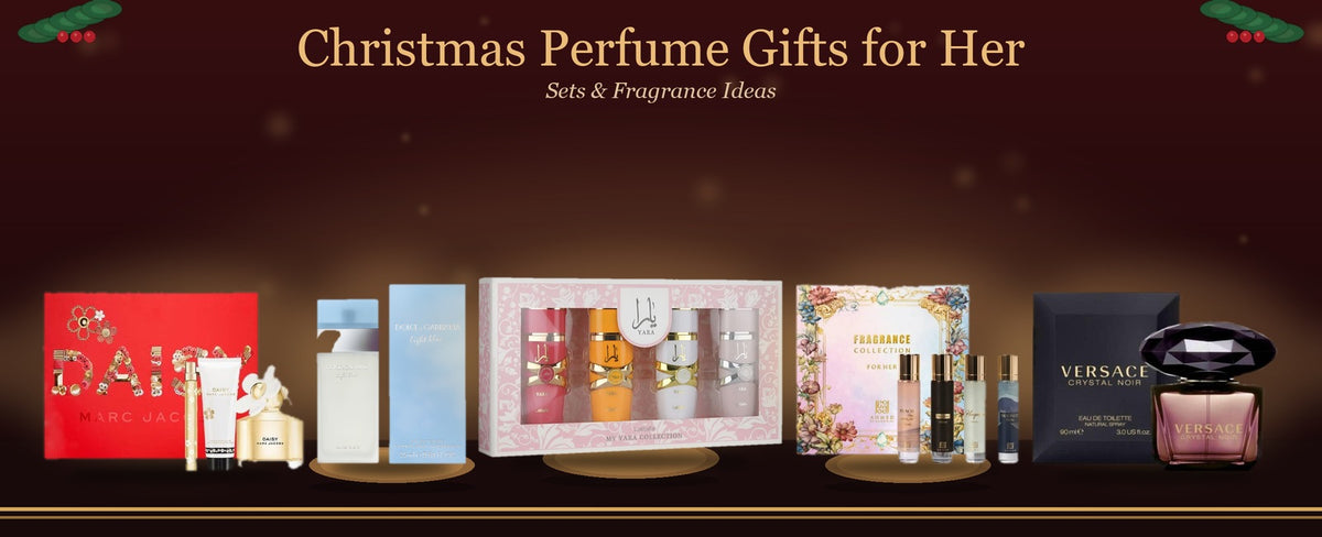 Christmas perfume gifts for her featuring women's fragrance bottles and gift sets with festive holiday decorations