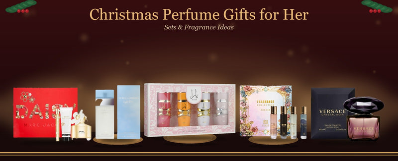 Christmas perfume gifts for her featuring women's fragrance bottles and gift sets with festive holiday decorations