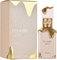 Lattafa Eclaire Eau de Parfum 3.4 oz nude pink bottle with gold detailing and packaging box front view
