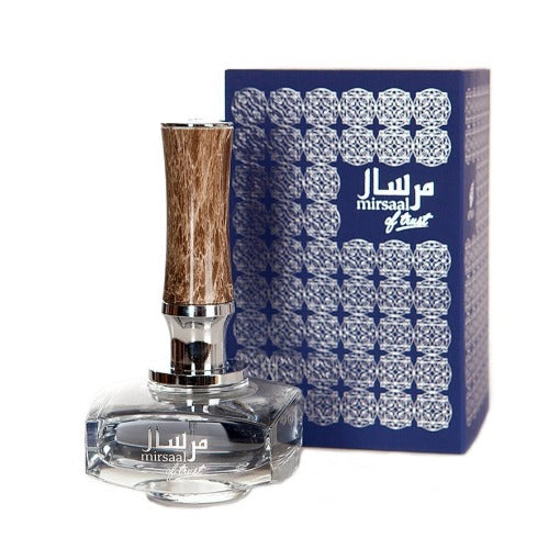 Afnan Mirsaal Of Trust perfume bottle with wooden cap next to navy blue box packaging