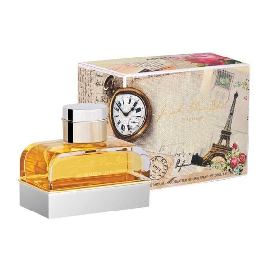 Armaf Just For You Eau De Parfum bottle with white cap and vintage-themed box packaging featuring clock and Eiffel Tower design.