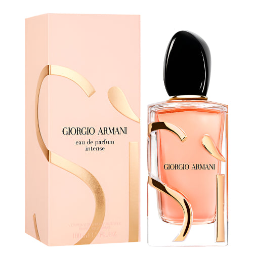 Armani Si Intense eau de parfum bottle with black cap and box in peach tones with gold accents