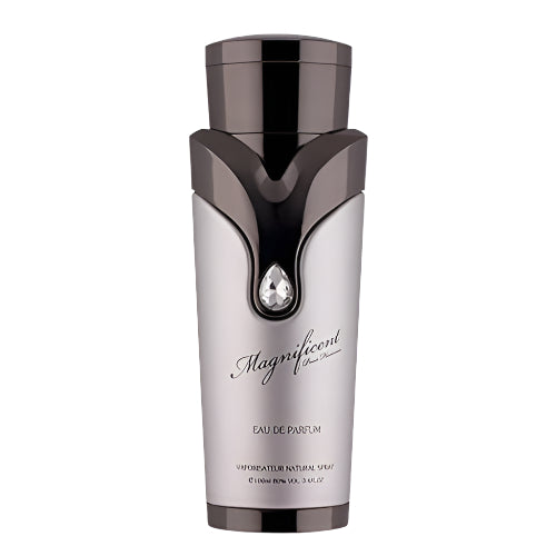 Armaf Magnificent Eau De Parfum spray bottle with white and gunmetal gray design