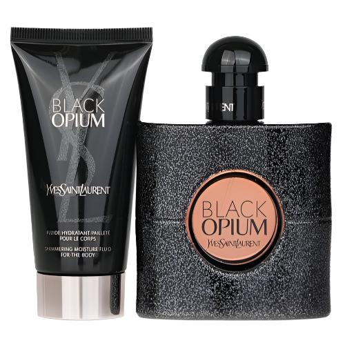Black Opium fragrance set with eau de parfum bottle and body lotion tube
