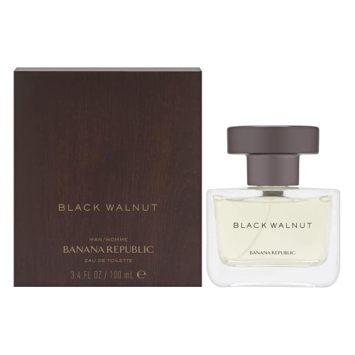 Banana Republic Black Walnut fragrance bottle with dark brown box packaging displayed together.