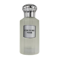 Couture Noir eau de parfum bottle with frosted glass body and silver ribbed cap