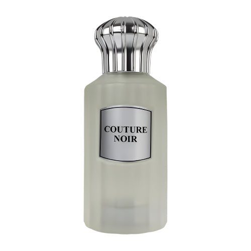 Couture Noir eau de parfum bottle with frosted glass body and silver ribbed cap