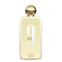 Afnan 9 Am Eau De Parfum bottle with pale yellow liquid and gold spherical cap
