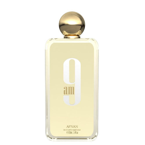 Afnan 9 Am Eau De Parfum bottle with pale yellow liquid and gold spherical cap