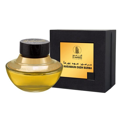 Al Haramain Oudh Burma eau de parfum bottle with black cap and gold band next to black box packaging