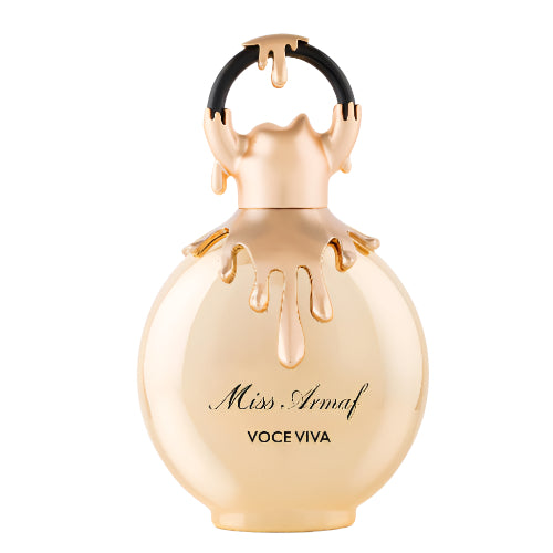 Armaf Miss Voce Viva Eau De Parfum bottle with golden cap and black accent ring on white background.