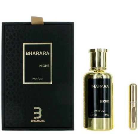 Bharara Niche Parfum bottle in gold and black with black box packaging and atomizer vial