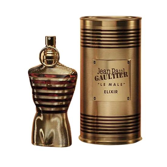 Jean Paul Gaultier Le Male Elixir Eau de Parfum 4.2 oz gold striped torso bottle with ribbed metallic can packaging front view