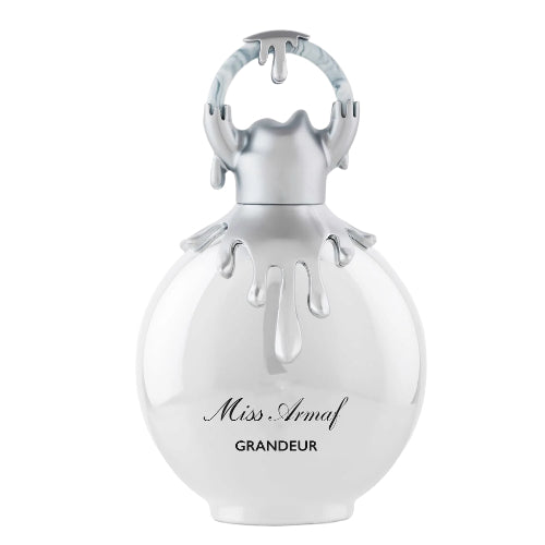 Armaf Miss Grandeur Eau De Parfum, white spherical bottle with silver cap and dripping detail