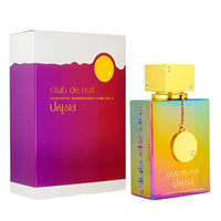 Armaf Club De Nuit Untold fragrance bottle and box with rainbow gradient packaging and gold accents
