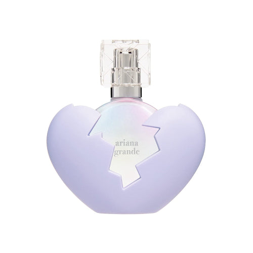 Ariana Grande Thank You Next 2.0 perfume bottle, purple heart-shaped with clear spray pump top.