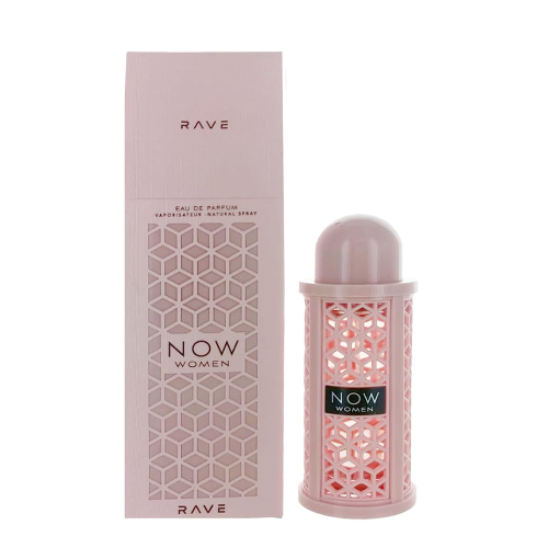 Lattafa Rave Now Pink Eau de Parfum 3.4 oz pink bottle with packaging box front view