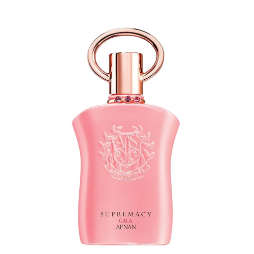 Afnan Supremacy Gala pink eau de parfum bottle with rose gold cap and decorative crest logo