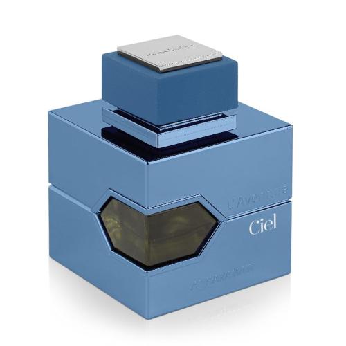 Al Haramain L'Aventure Ciel Extrait De Parfum blue bottle with stacked boxes