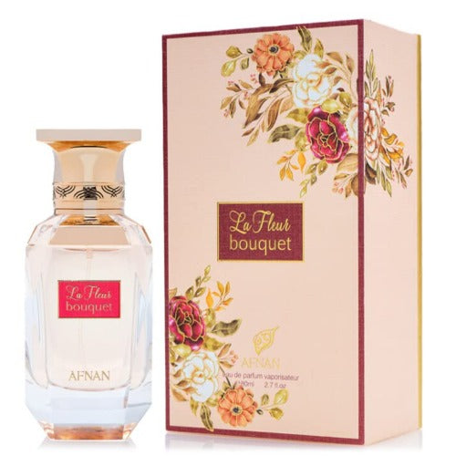 Afnan La Fleur Bouquet perfume bottle with rose-printed box packaging in cream and burgundy tones.