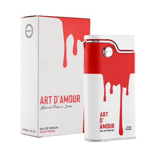 Armaf Art D'Amour red and white eau de parfum bottle with matching box packaging