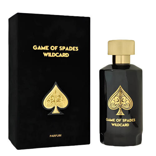 Jo Milano Game Of Spades Wildcard Parfum 3.4 oz black bottle with gold detailing and packaging box front view