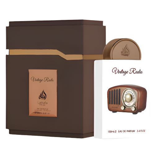 Lattafa Pride Vintage Radio Eau de Parfum 3.4 oz bottle with vintage inspired design and packaging box front view