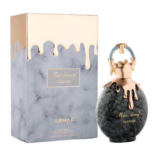Armaf Miss Dazzling perfume bottle with marble-textured box and gold accents