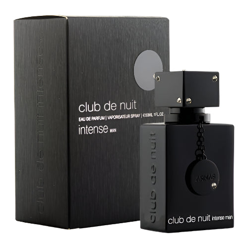 Armaf Club De Nuit Intense black fragrance bottle with box and black pendant charm accessory