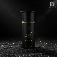 Ahmed Al Maghribi Kaaf Noir bottle displayed on black glitter surface against dark background