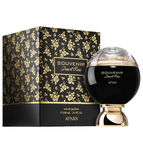 Afnan Souvenir Dessert Rose eau de parfum bottle with black spherical design and gold decorative box packaging