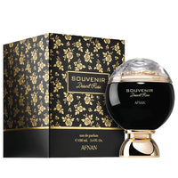 Afnan Souvenir Dessert Rose eau de parfum bottle with black spherical design and gold decorative box packaging