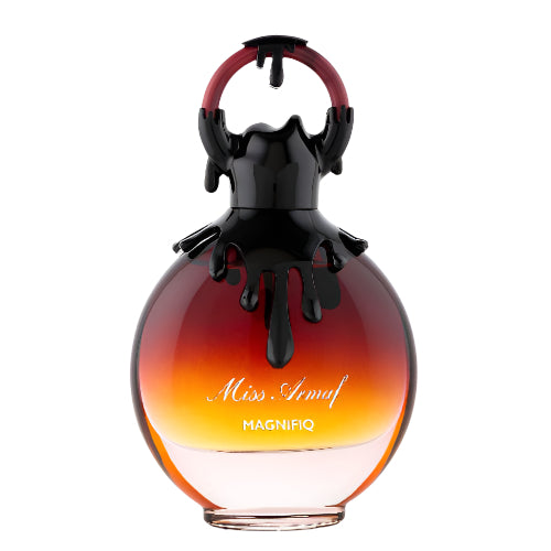 Armaf Miss Magnifiq perfume bottle with gradient red to orange liquid and black drip cap design