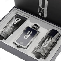 Afnan 9 Pm three-piece gift set with dark bottles and tube in white box packaging