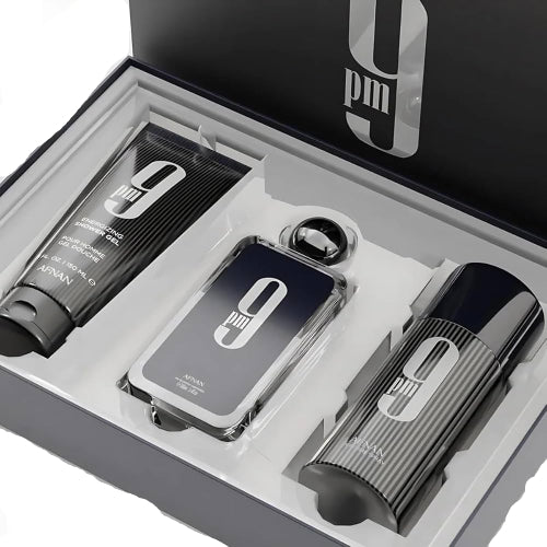 Afnan 9 Pm three-piece gift set with dark bottles and tube in white box packaging