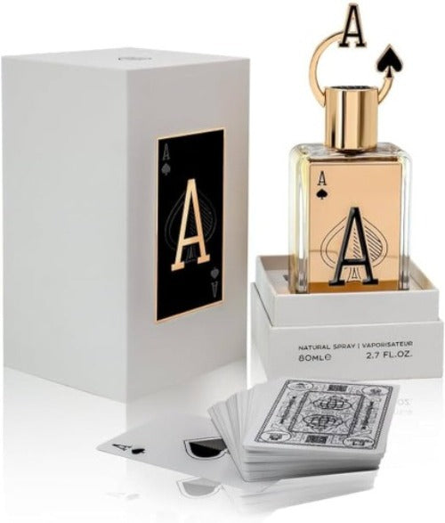 Fragrance World Ace Eau De Parfum 2.7 Oz golden bottle with playing card inspired design and white packaging box front view