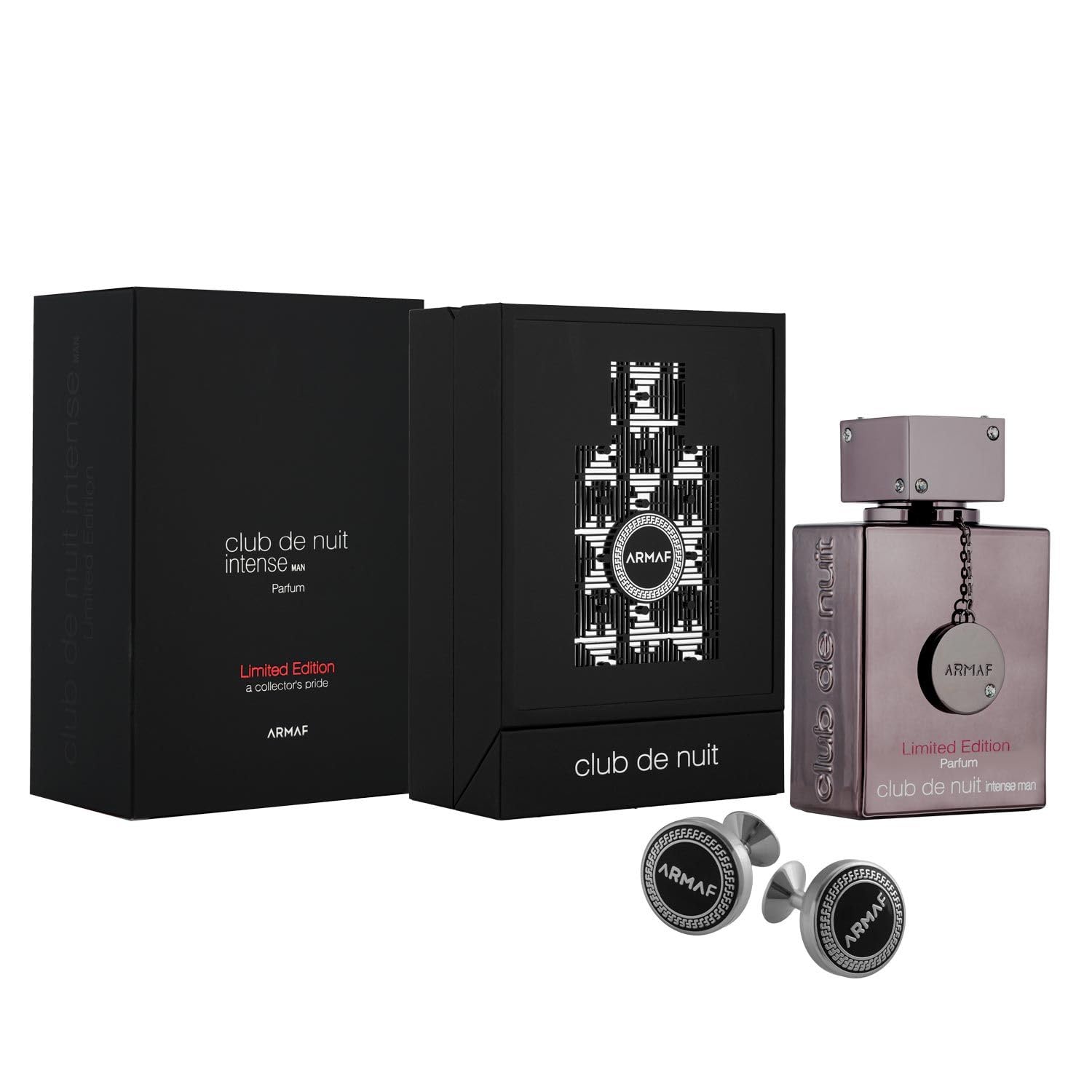 Armaf Club De Nuit Intense 2024 Limited Edition set with black box, mauve bottle, cufflinks, and pendant charm.