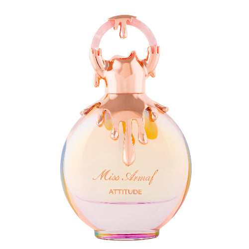 Armaf Miss Attitude Eau De Parfum bottle with peach-colored cap and gradient pink to clear liquid