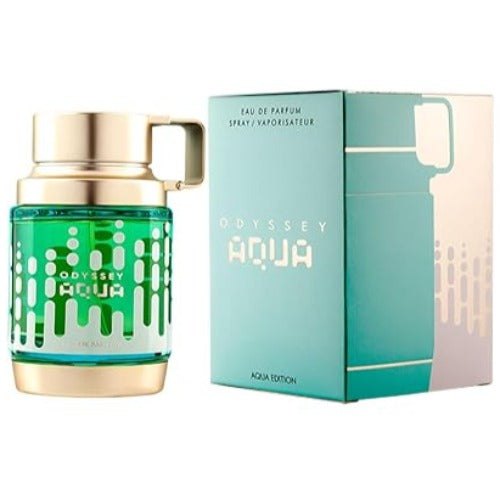 Armaf Odyssey Aqua eau de parfum bottle with green geometric pattern and matching turquoise box