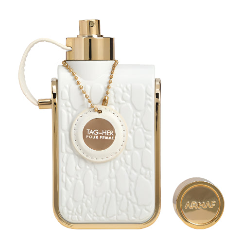Armaf Tag Her white quilted perfume bottle with gold trim and charm pendant necklace