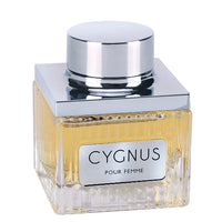 Armaf Flavia Cygnus eau de parfum bottle with yellow liquid, chrome cap, and white label.