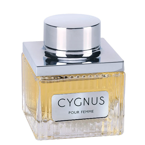 Armaf Flavia Cygnus eau de parfum bottle with yellow liquid, chrome cap, and white label.