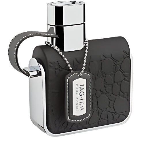 Armaf Tag Him cologne bottle with black quilted leather case and chain tag