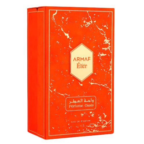 Armaf Eter red and gold fragrance box with hexagonal logo label and Arabic text