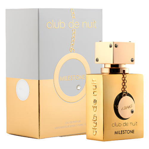 Armaf Club De Nuit Milestone eau de parfum bottle in gold with packaging box and chain pendant charm.