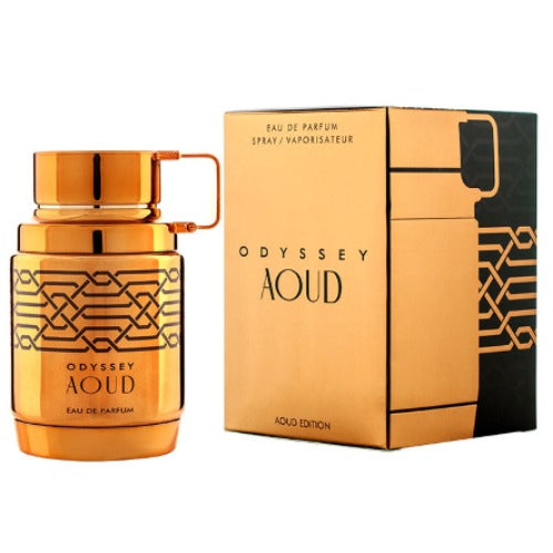 Armaf Odyssey Aoud gold perfume bottle with geometric pattern next to black and gold box packaging
