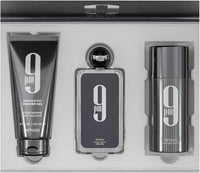 Afnan 9 Pm three-piece gift set with black shower gel tube, cologne bottle, and deodorant spray in gray packaging.