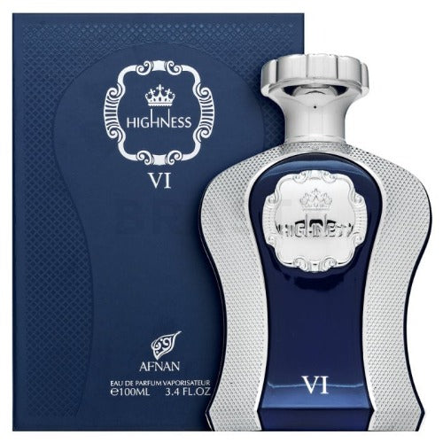 Afnan Highness VI Blue eau de parfum bottle with silver cap next to dark blue box packaging