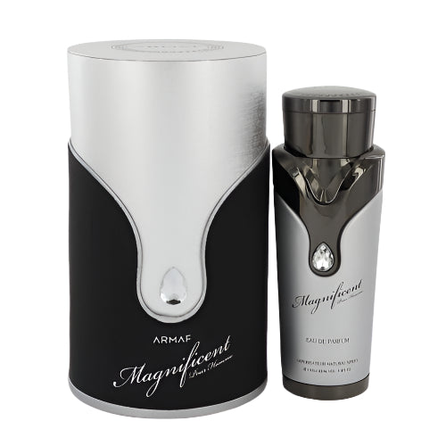 Armaf Magnificent fragrance bottle with black and silver cylindrical box packaging.